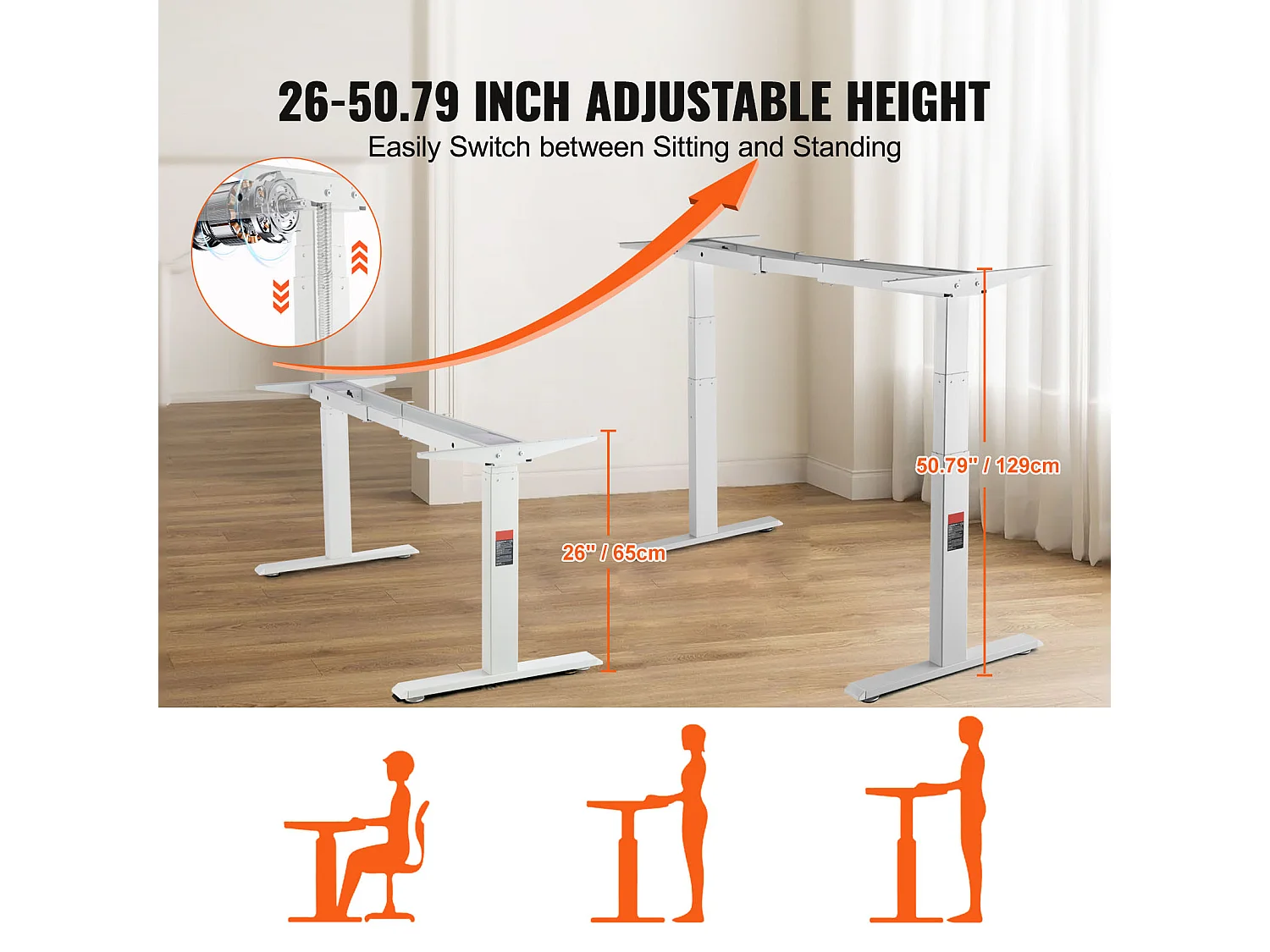 Cadre Debout de Bureau SucceBuy Cadre de Bureau Debout Électrique, Réglable de 65-129 cm de Hauteur, Double Moteur