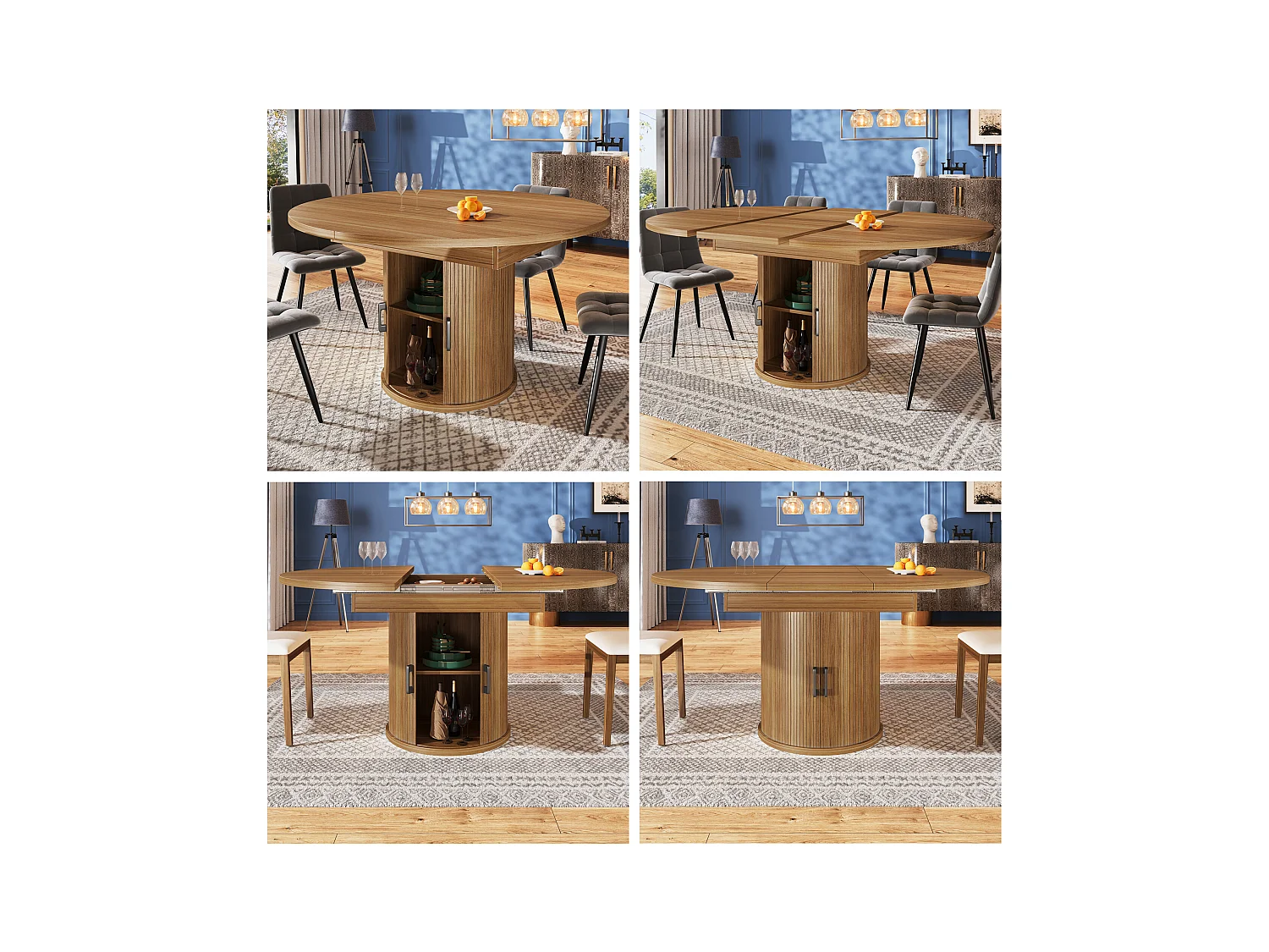 Table à manger 6 places -  118/158 x 118 x 76.8 cm - plateau extensible + avec rangements - MDF - naturel