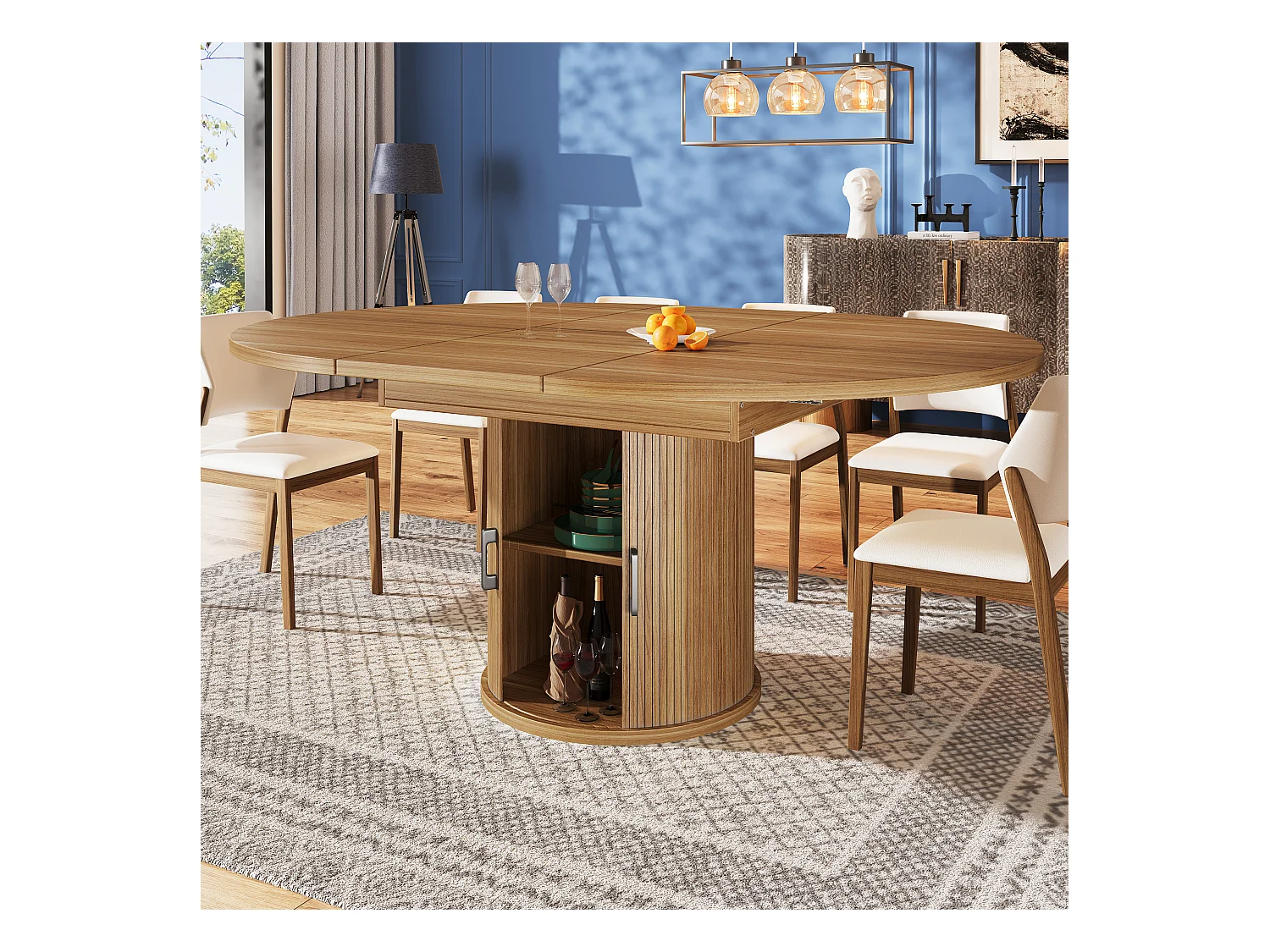 Table à manger 6 places -  118/158 x 118 x 76.8 cm - plateau extensible + avec rangements - MDF - naturel