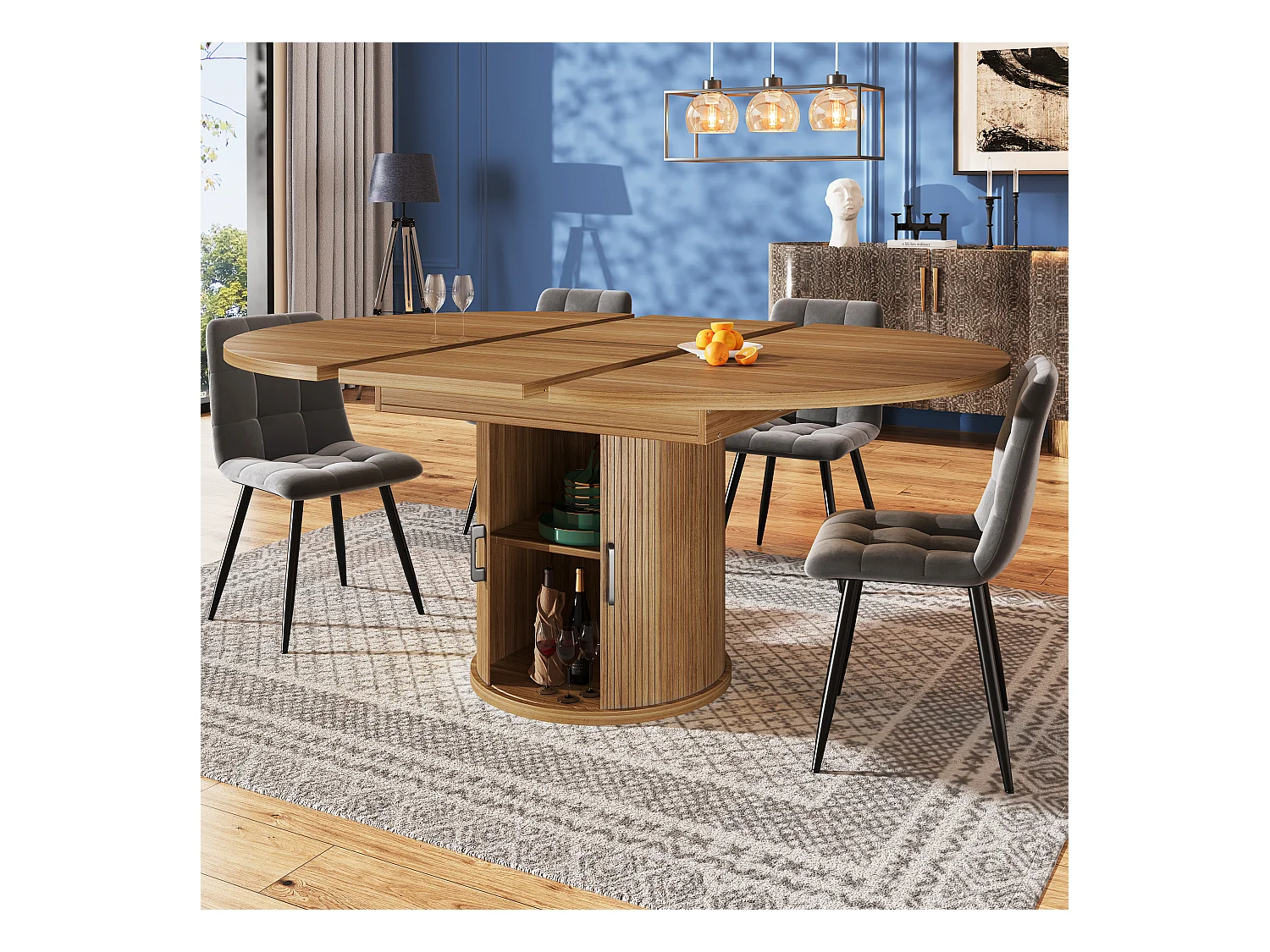 Table à manger 6 places -  118/158 x 118 x 76.8 cm - plateau extensible + avec rangements - MDF - naturel