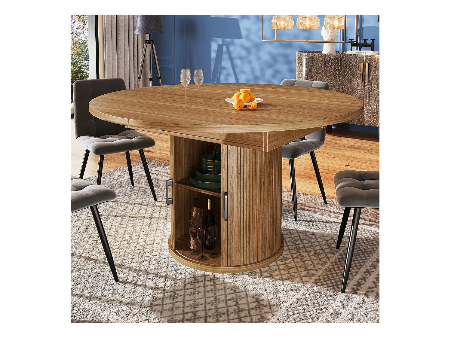 Table à manger 6 places -  118/158 x 118 x 76.8 cm - plateau extensible + avec rangements - MDF - naturel