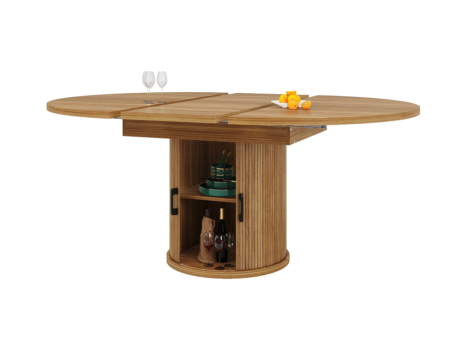 Table à manger 6 places -  118/158 x 118 x 76.8 cm - plateau extensible + avec rangements - MDF - naturel