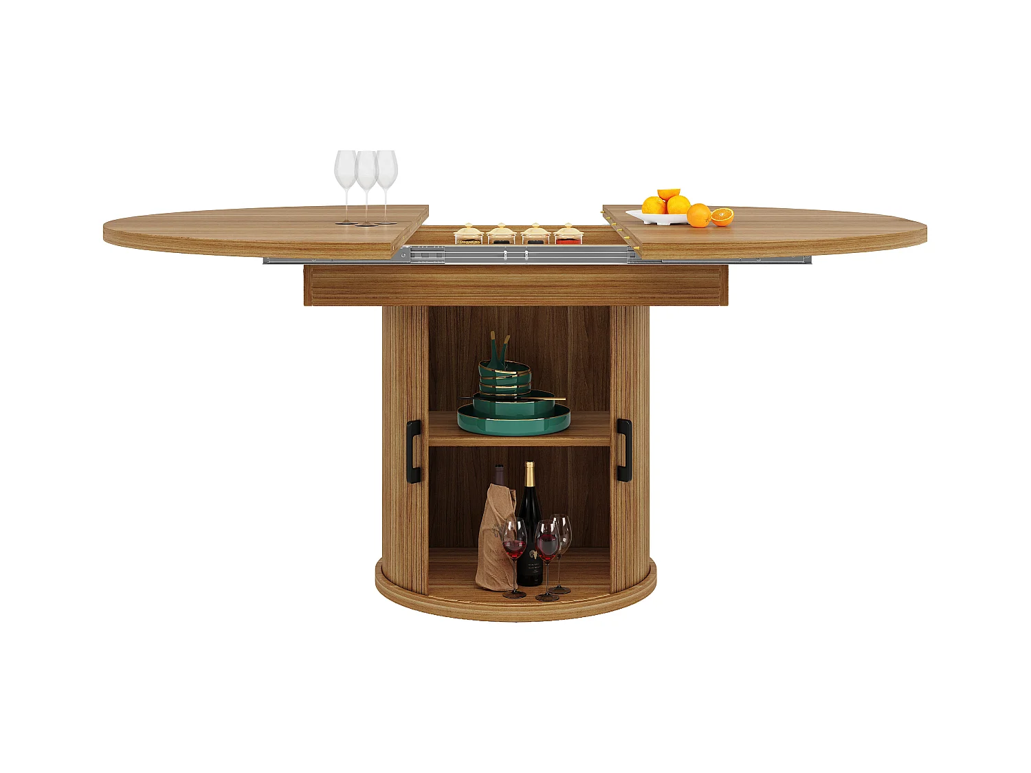 Table à manger 6 places -  118/158 x 118 x 76.8 cm - plateau extensible + avec rangements - MDF - naturel