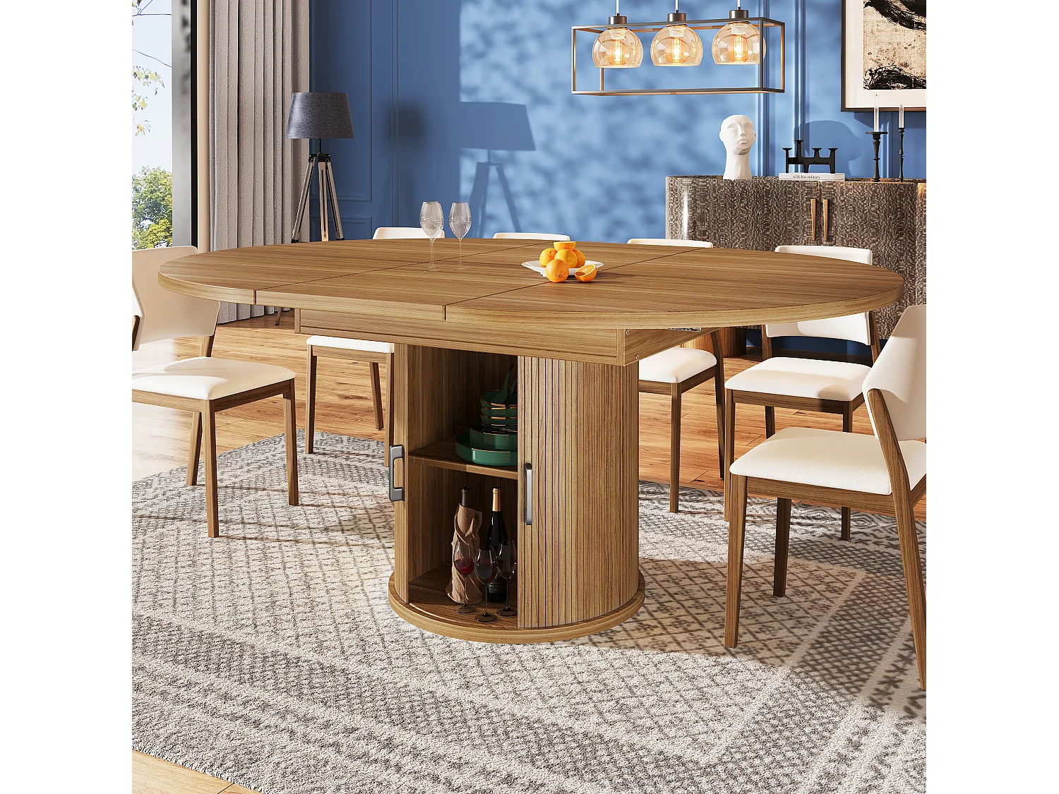 Table à manger 6 places -  118/158 x 118 x 76.8 cm - plateau extensible + avec rangements - MDF - naturel