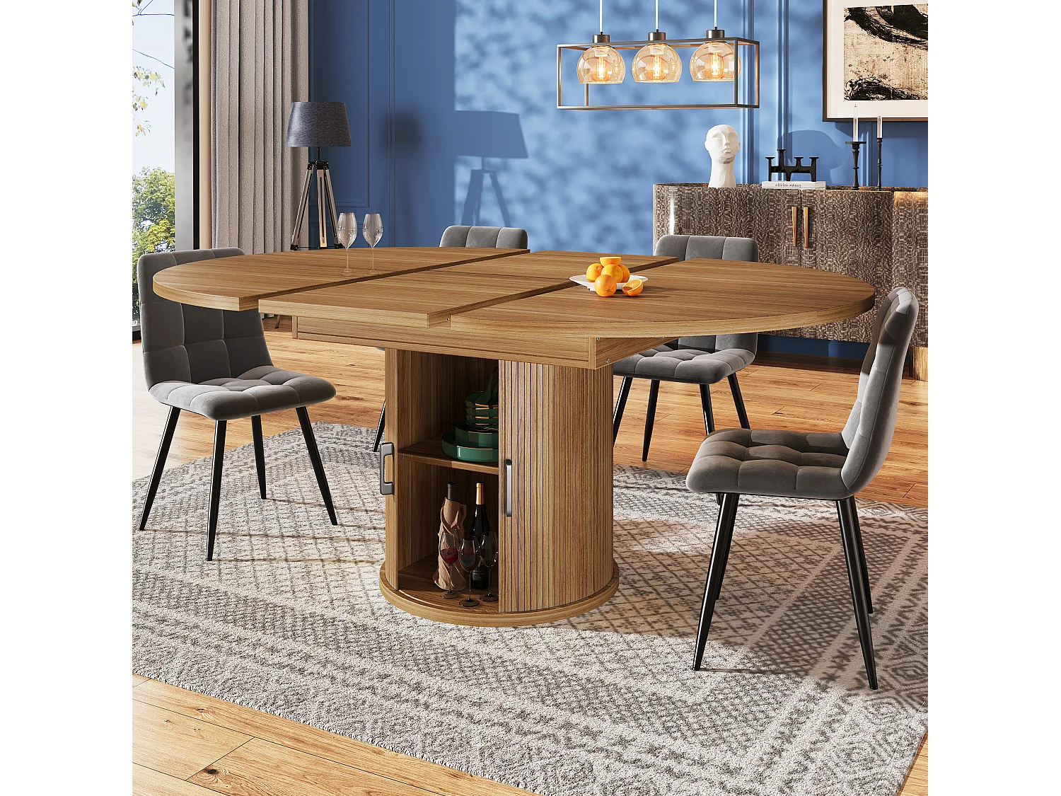 Table à manger 6 places -  118/158 x 118 x 76.8 cm - plateau extensible + avec rangements - MDF - naturel