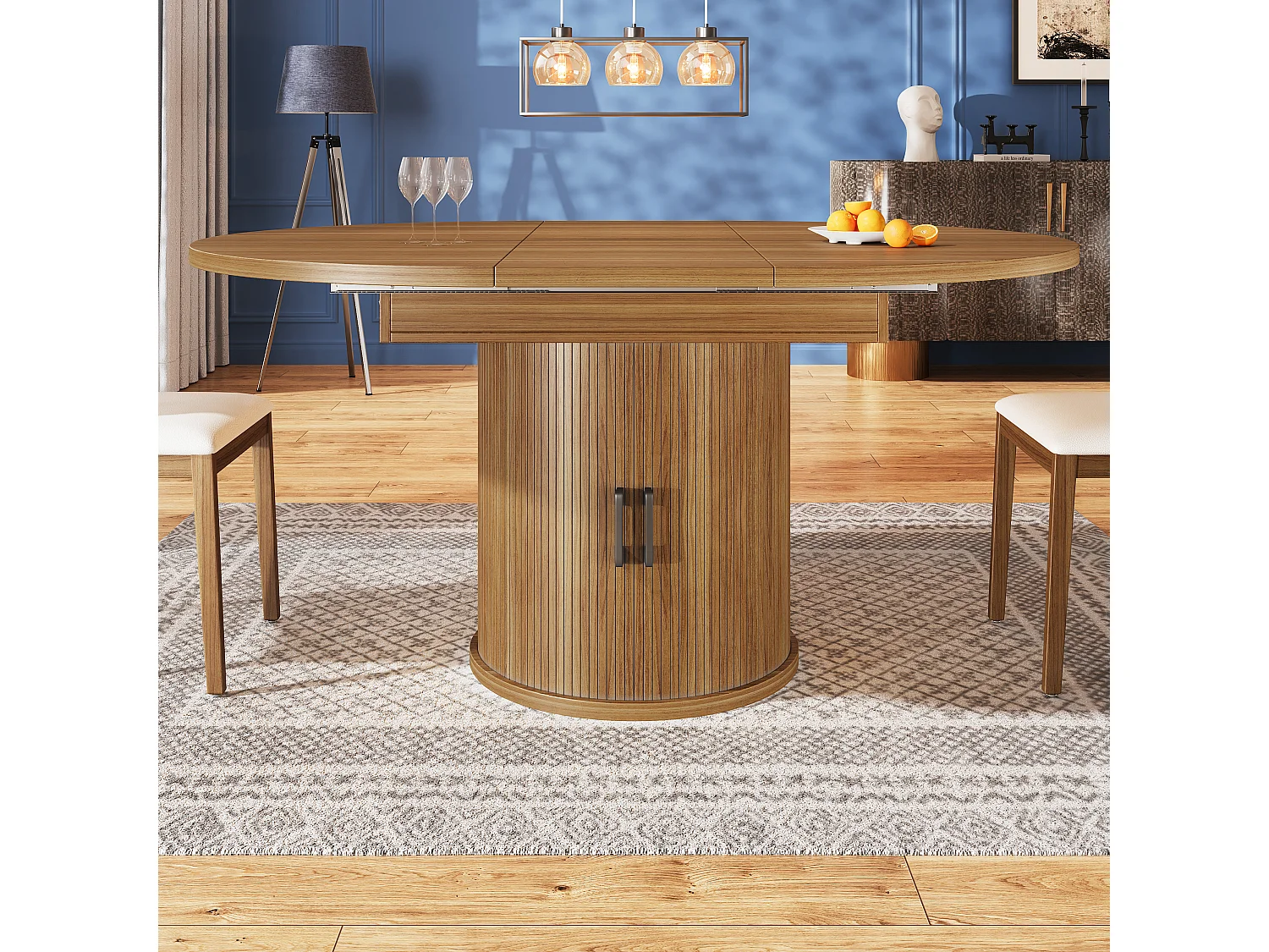 Table à manger 6 places -  118/158 x 118 x 76.8 cm - plateau extensible + avec rangements - MDF - naturel