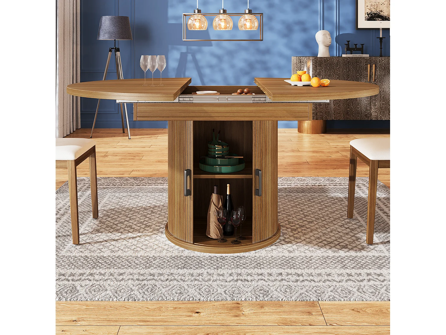 Table à manger 6 places -  118/158 x 118 x 76.8 cm - plateau extensible + avec rangements - MDF - naturel