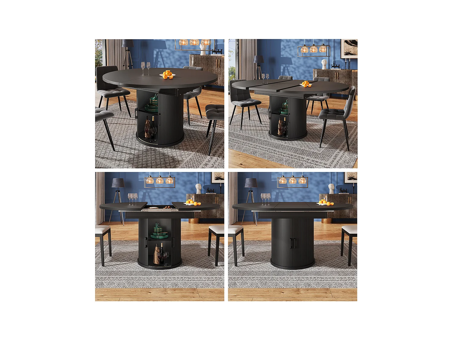 Table à manger 6 places -  118/158 x 118 x 76.8 cm - plateau extensible + avec rangements - MDF - noir