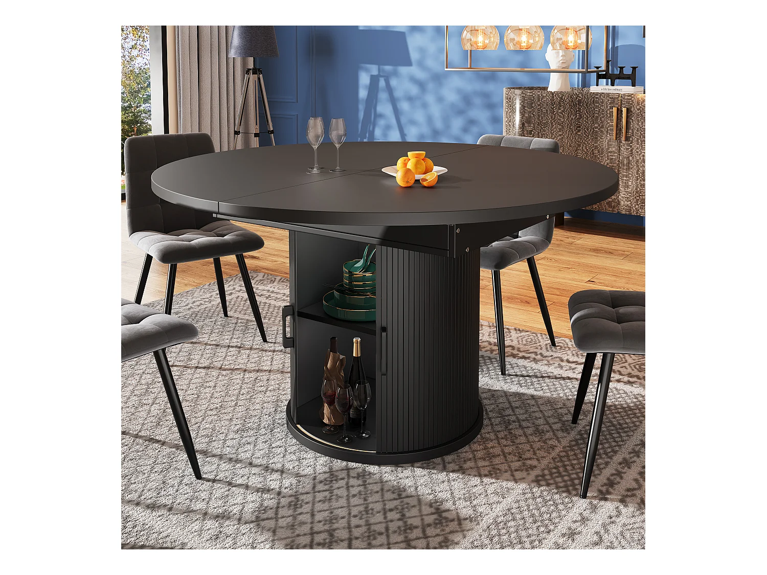 Table à manger 6 places -  118/158 x 118 x 76.8 cm - plateau extensible + avec rangements - MDF - noir