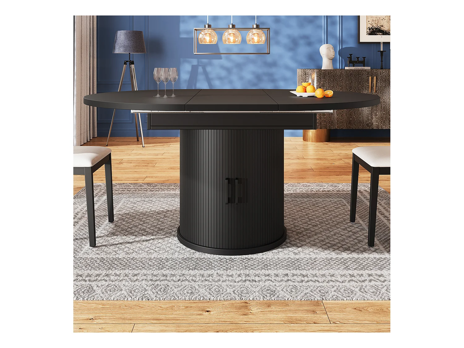 Table à manger 6 places -  118/158 x 118 x 76.8 cm - plateau extensible + avec rangements - MDF - noir