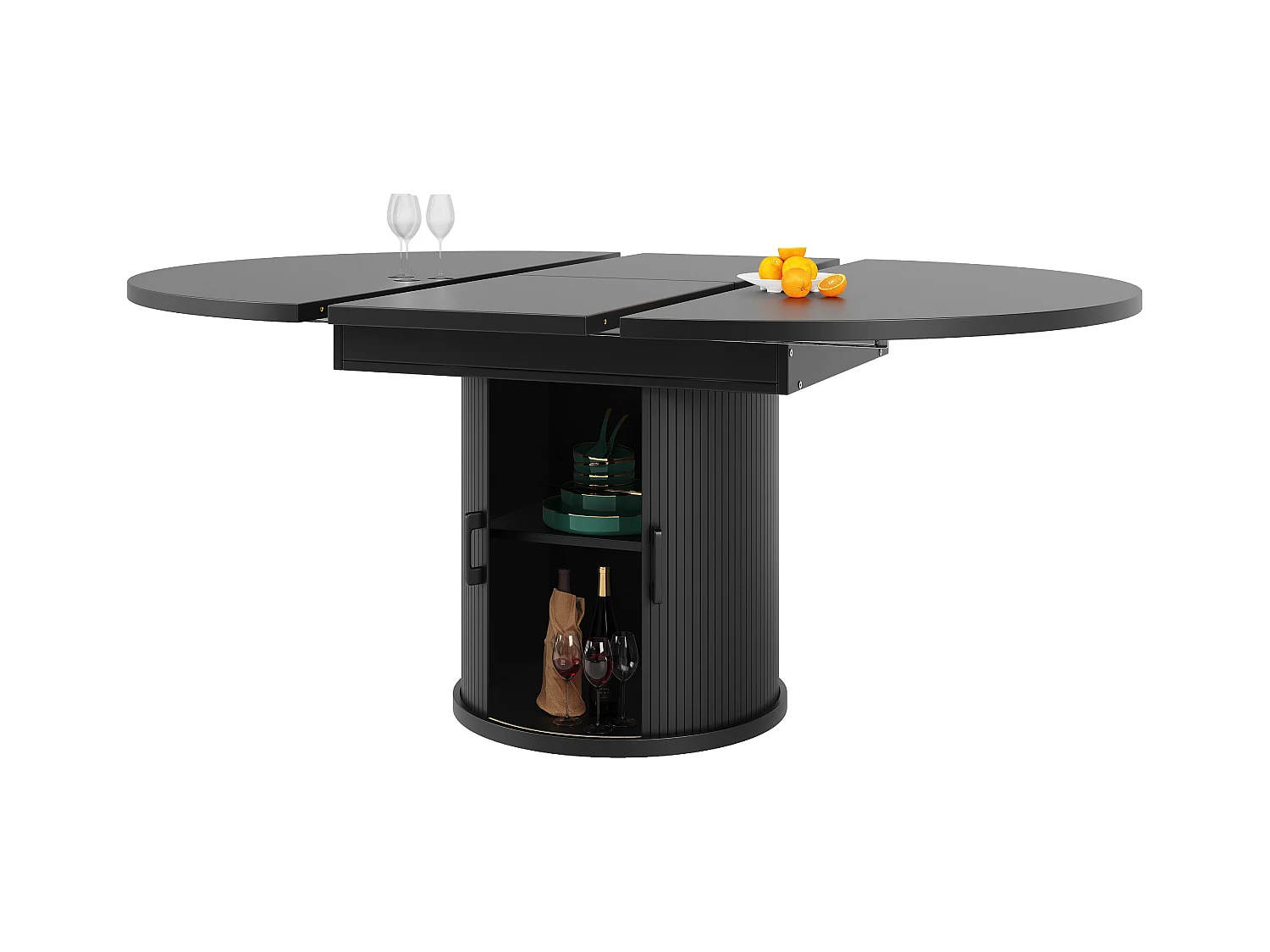 Table à manger 6 places -  118/158 x 118 x 76.8 cm - plateau extensible + avec rangements - MDF - noir