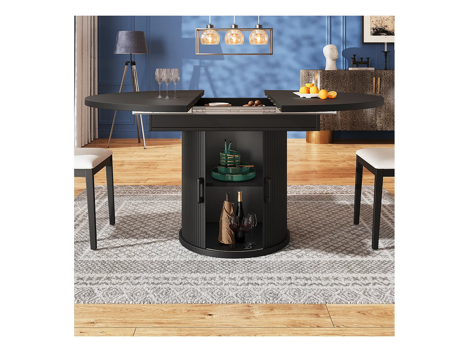 Table à manger 6 places -  118/158 x 118 x 76.8 cm - plateau extensible + avec rangements - MDF - noir