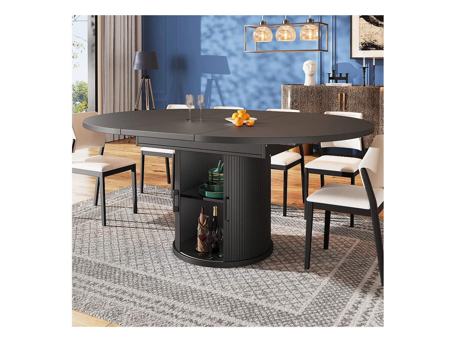 Table à manger 6 places -  118/158 x 118 x 76.8 cm - plateau extensible + avec rangements - MDF - noir