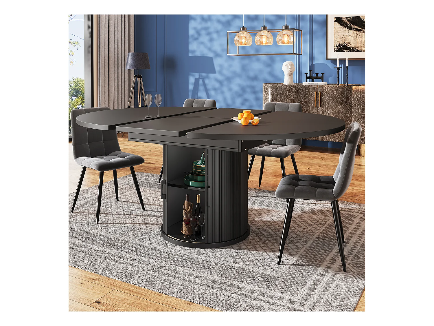 Table à manger 6 places -  118/158 x 118 x 76.8 cm - plateau extensible + avec rangements - MDF - noir