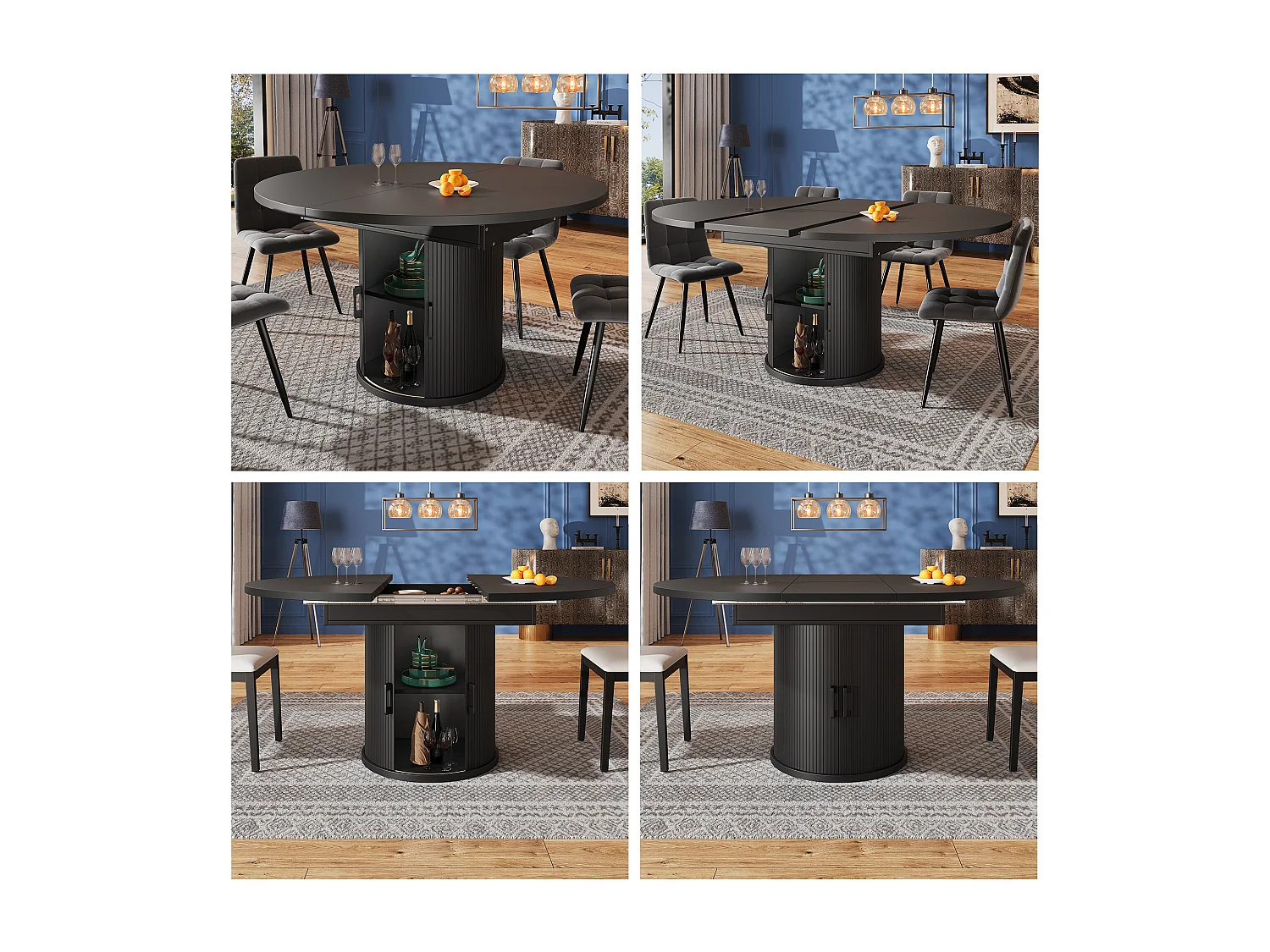 Table à manger 6 places -  118/158 x 118 x 76.8 cm - plateau extensible + avec rangements - MDF - noir