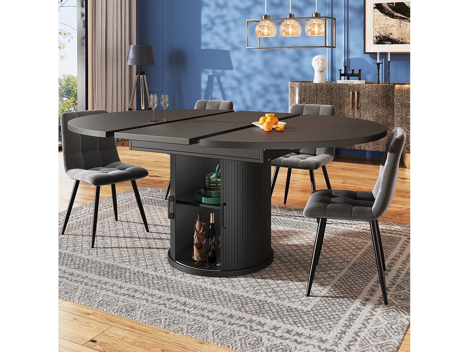 Table à manger 6 places -  118/158 x 118 x 76.8 cm - plateau extensible + avec rangements - MDF - noir