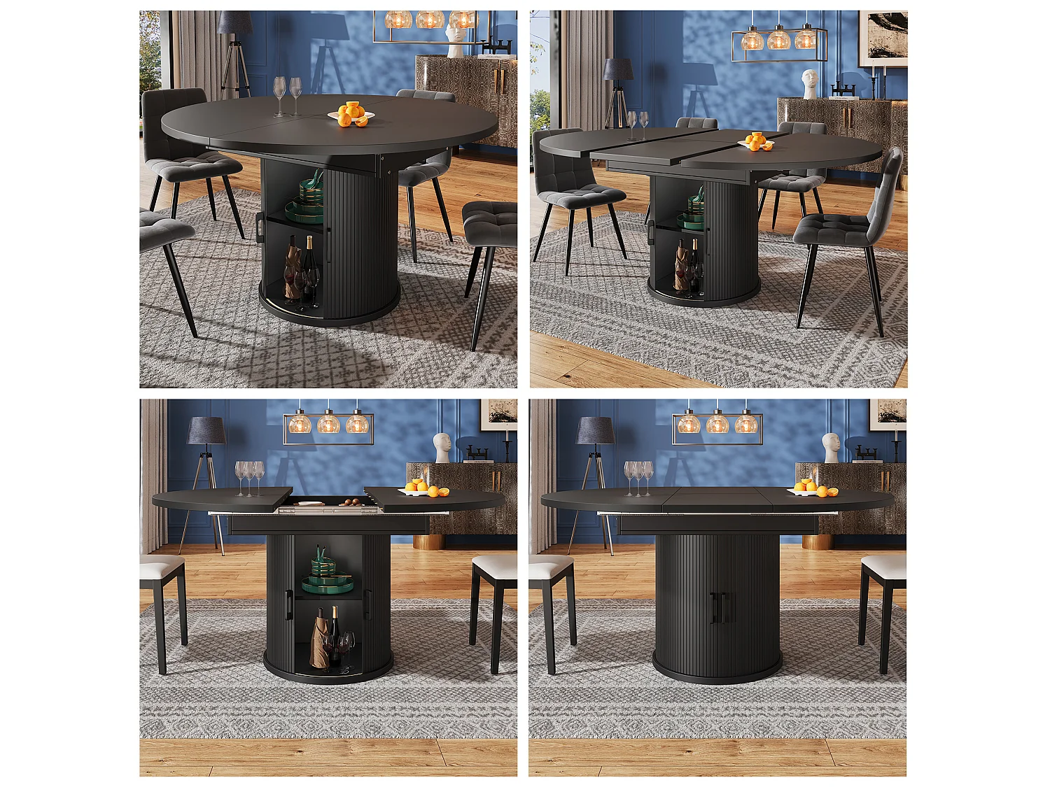 Esstisch für 6 Personen – 118/158 x 118 x 76,8 cm – ausziehbare Platte + mit Stauraum – MDF – schwarz