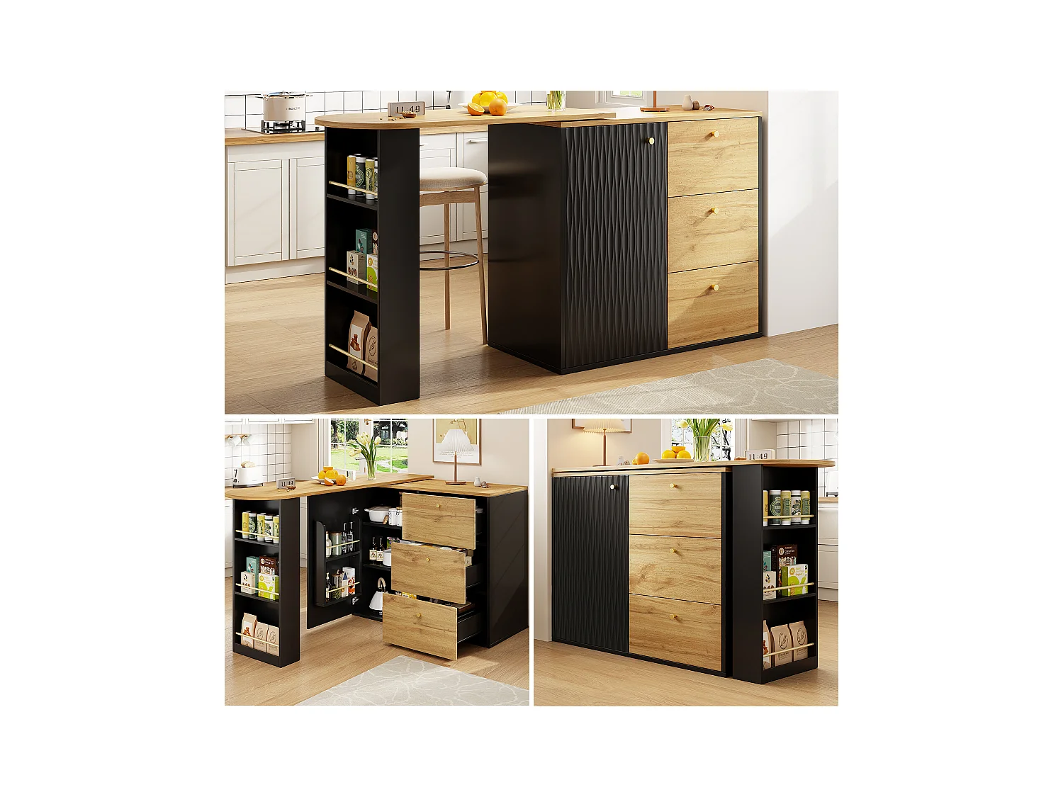 Meuble de bar extensible - 138-204 x 39 x 104 cm -  table à manger rotative à 360 °- avec 1 porte + 3 tiroirs - MDF - noir