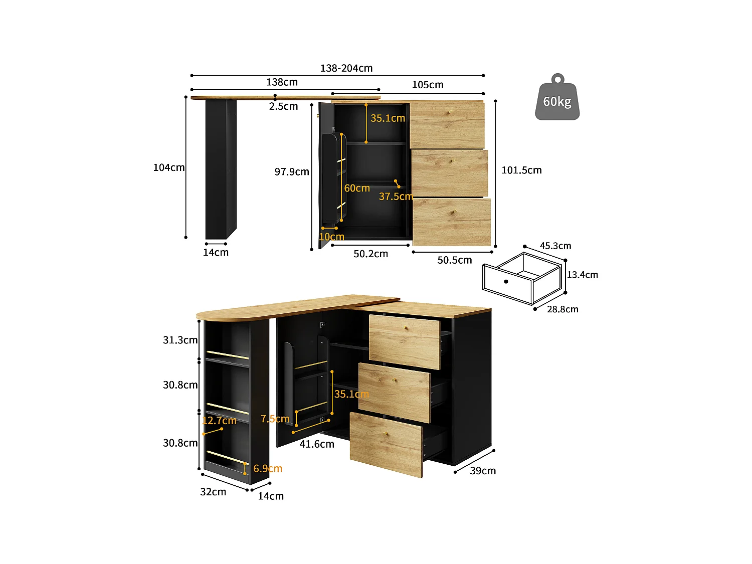 Meuble de bar extensible - 138-204 x 39 x 104 cm -  table à manger rotative à 360 °- avec 1 porte + 3 tiroirs - MDF - noir