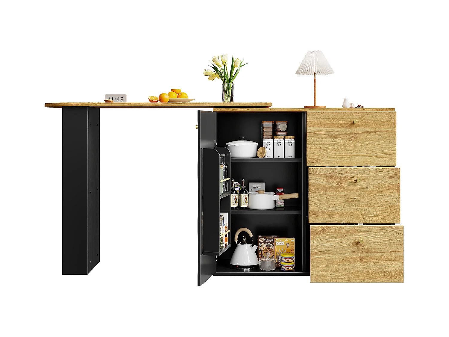 Meuble de bar extensible - 138-204 x 39 x 104 cm -  table à manger rotative à 360 °- avec 1 porte + 3 tiroirs - MDF - noir