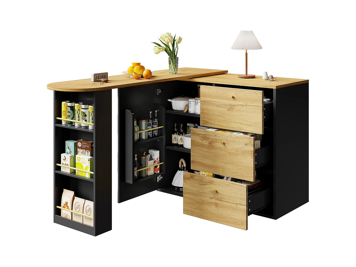 Meuble de bar extensible - 138-204 x 39 x 104 cm -  table à manger rotative à 360 °- avec 1 porte + 3 tiroirs - MDF - noir