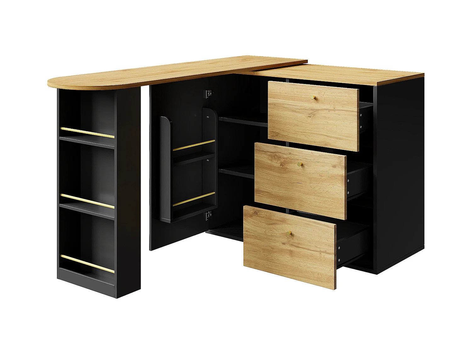 Meuble de bar extensible - 138-204 x 39 x 104 cm -  table à manger rotative à 360 °- avec 1 porte + 3 tiroirs - MDF - noir