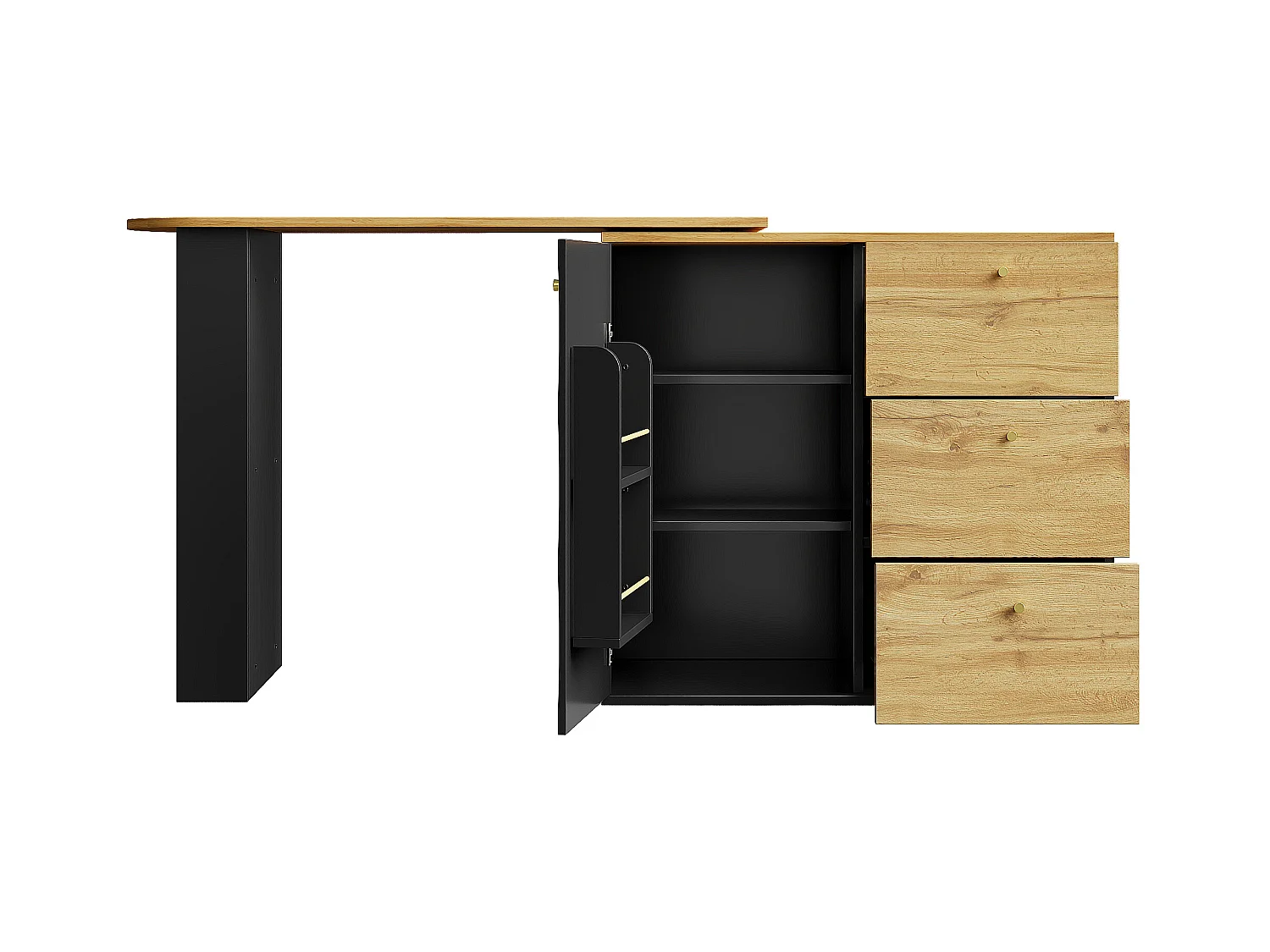 Meuble de bar extensible - 138-204 x 39 x 104 cm -  table à manger rotative à 360 °- avec 1 porte + 3 tiroirs - MDF - noir