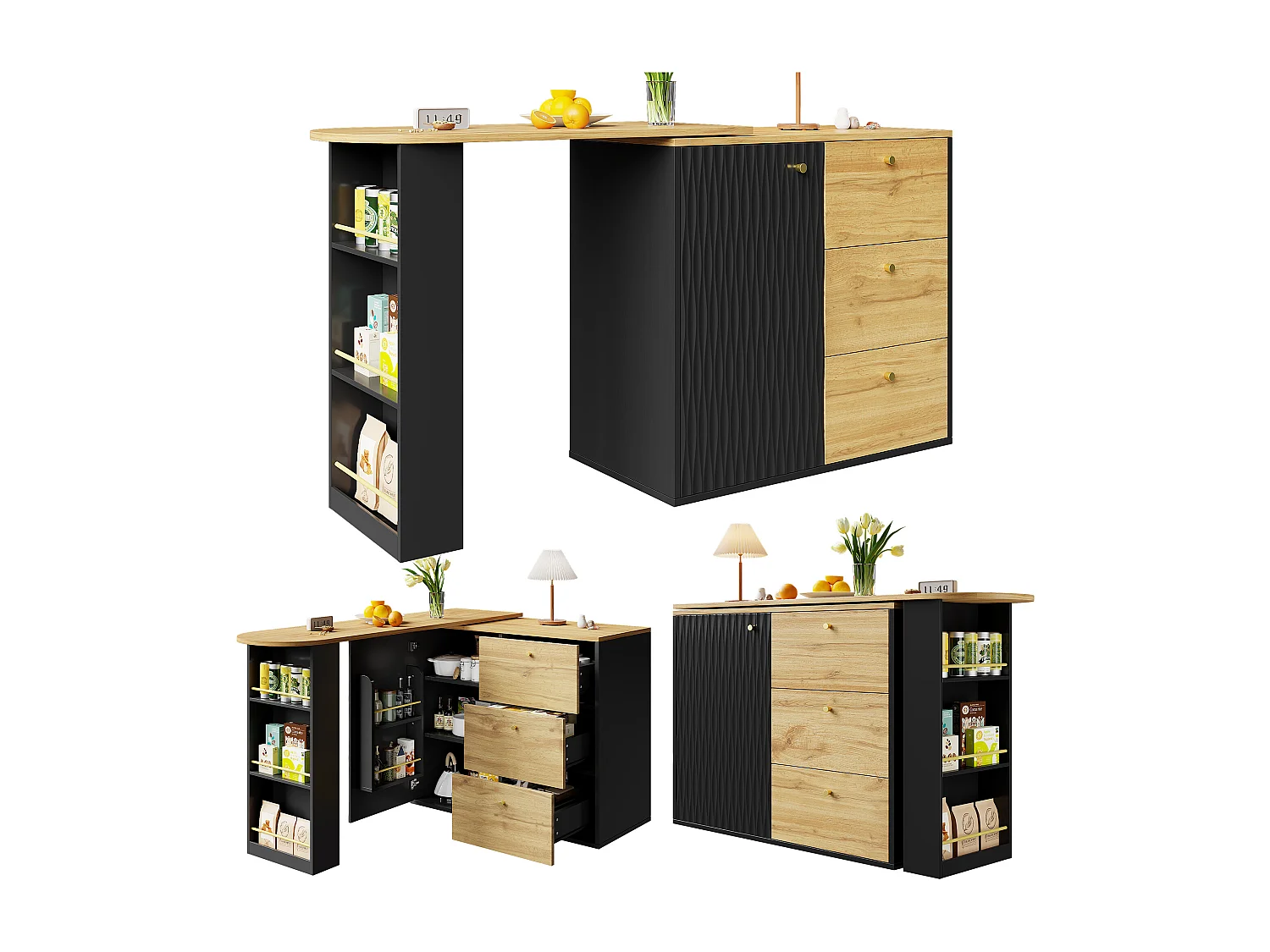 Meuble de bar extensible - 138-204 x 39 x 104 cm -  table à manger rotative à 360 °- avec 1 porte + 3 tiroirs - MDF - noir