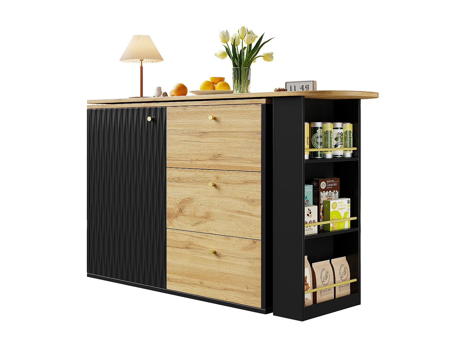 Meuble de bar extensible - 138-204 x 39 x 104 cm -  table à manger rotative à 360 °- avec 1 porte + 3 tiroirs - MDF - noir