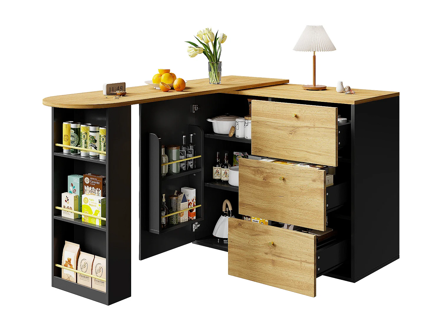 Meuble de bar extensible - 138-204 x 39 x 104 cm -  table à manger rotative à 360 °- avec 1 porte + 3 tiroirs - MDF - noir