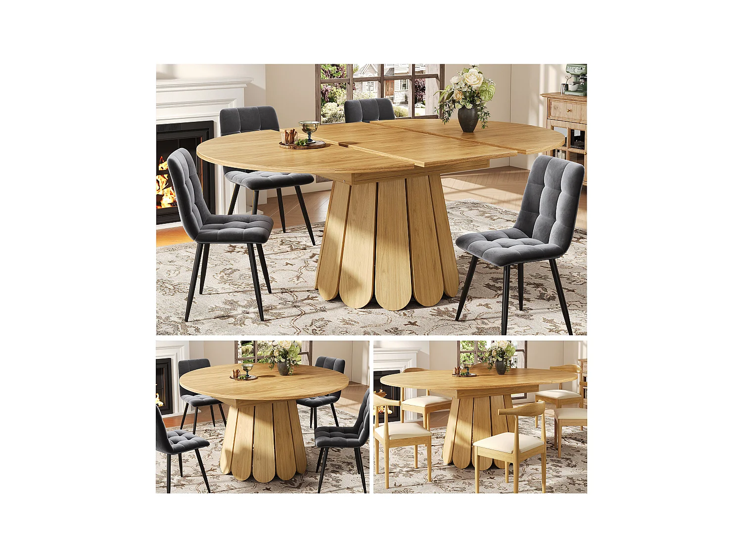 Table à manger 6 places -  118/158 x 118 x 76.8 cm - plateau extensible - MDF - naturel