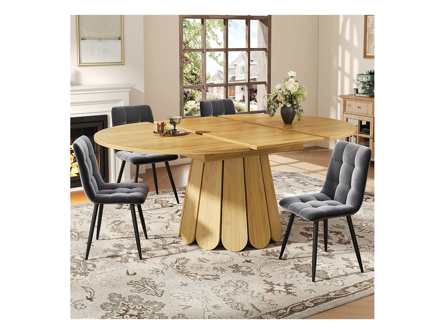 Table à manger 6 places -  118/158 x 118 x 76.8 cm - plateau extensible - MDF - naturel