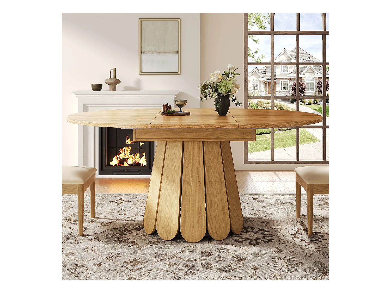 Table à manger 6 places -  118/158 x 118 x 76.8 cm - plateau extensible - MDF - naturel