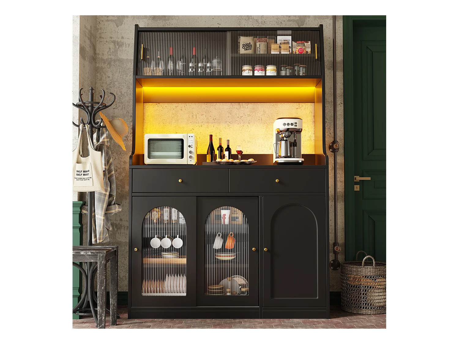 Buffet cuisine haut - 120 x 40 x 180 cm - avec étagères réglables + 2 tiroirs + 3 portes + Leds - MDF + PB - noir