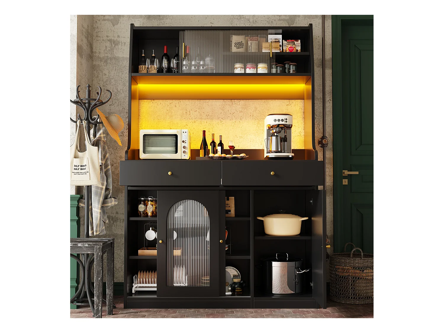 Buffet cuisine haut - 120 x 40 x 180 cm - avec étagères réglables + 2 tiroirs + 3 portes + Leds - MDF + PB - noir