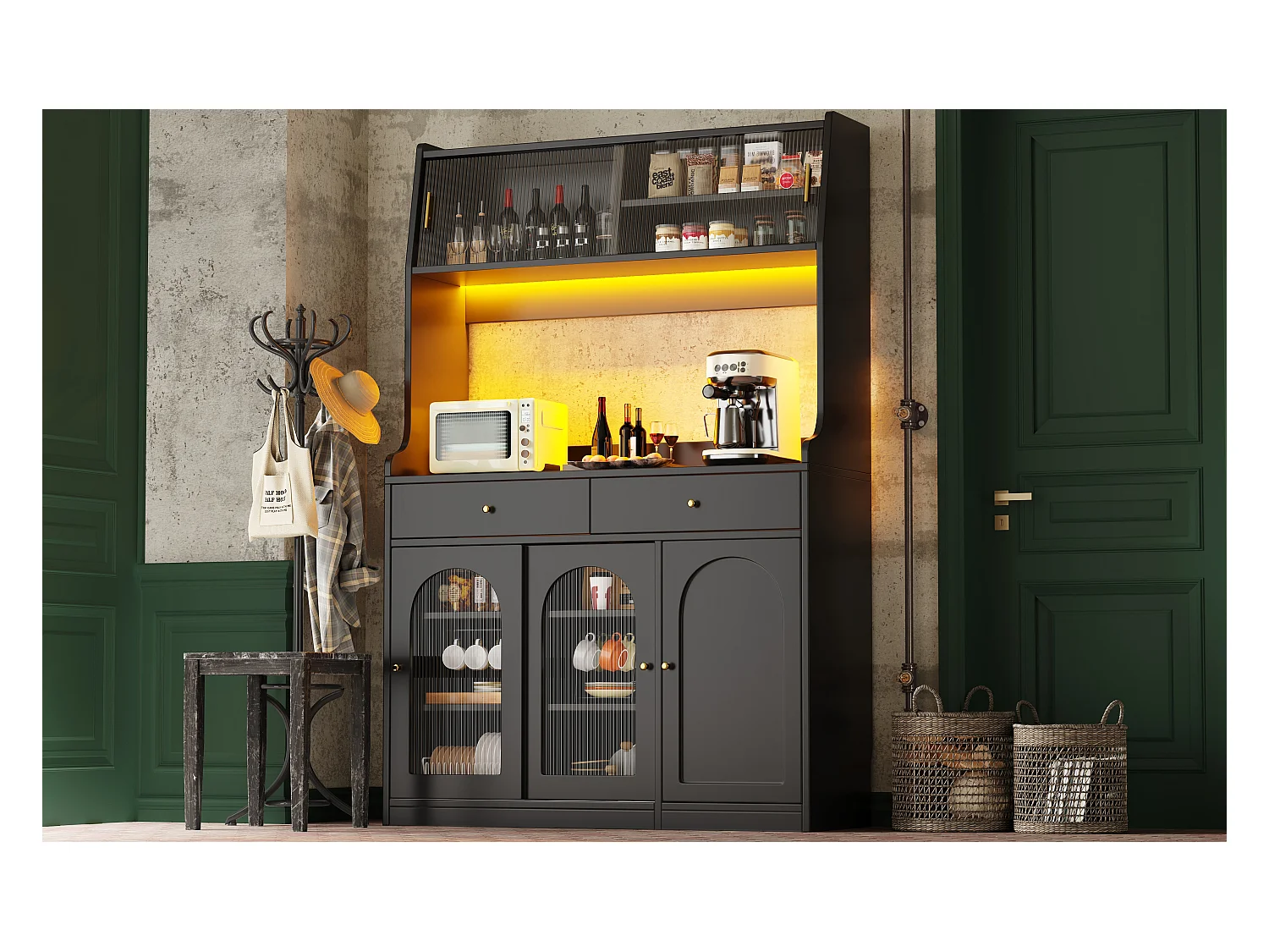 Buffet cuisine haut - 120 x 40 x 180 cm - avec étagères réglables + 2 tiroirs + 3 portes + Leds - MDF + PB - noir