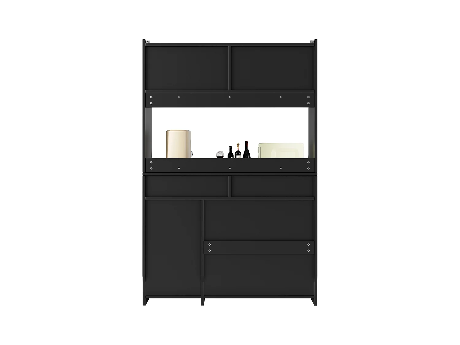 Buffet cuisine haut - 120 x 40 x 180 cm - avec étagères réglables + 2 tiroirs + 3 portes + Leds - MDF + PB - noir