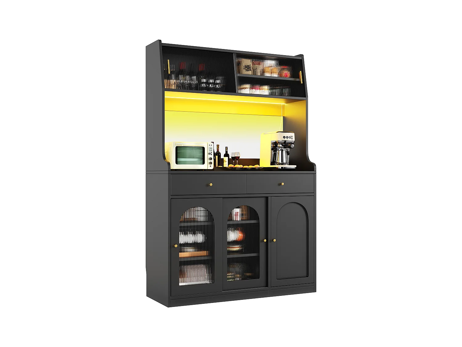 Buffet cuisine haut - 120 x 40 x 180 cm - avec étagères réglables + 2 tiroirs + 3 portes + Leds - MDF + PB - noir