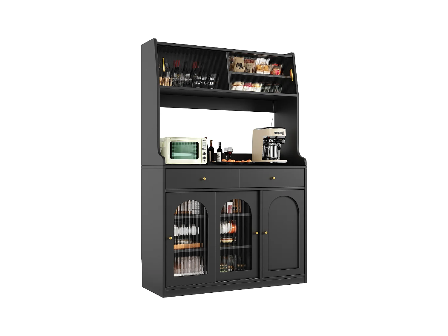 Buffet cuisine haut - 120 x 40 x 180 cm - avec étagères réglables + 2 tiroirs + 3 portes + Leds - MDF + PB - noir