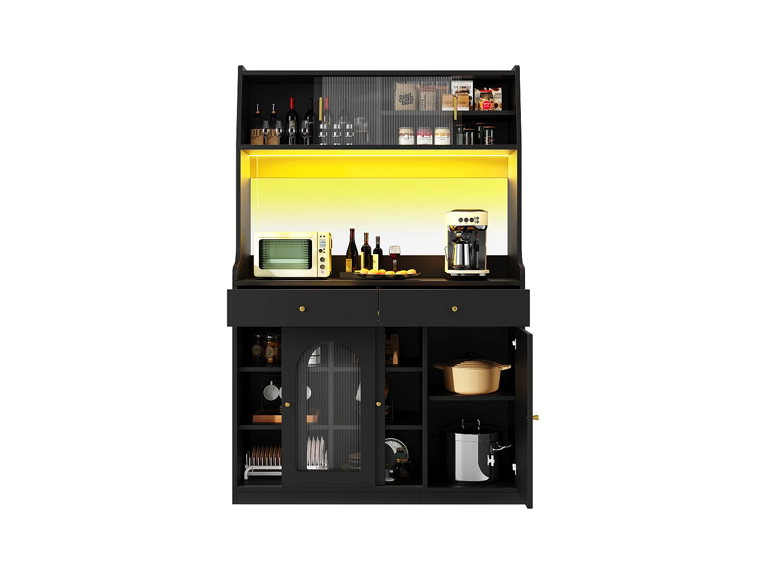 Buffet cuisine haut - 120 x 40 x 180 cm - avec étagères réglables + 2 tiroirs + 3 portes + Leds - MDF + PB - noir