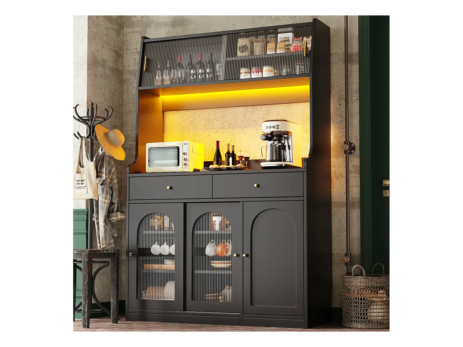Buffet cuisine haut - 120 x 40 x 180 cm - avec étagères réglables + 2 tiroirs + 3 portes + Leds - MDF + PB - noir