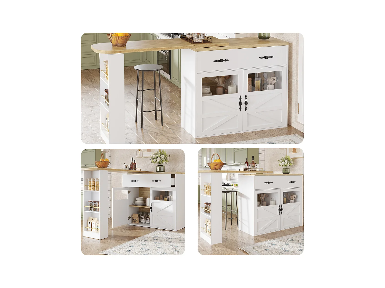 Meuble de bar extensible - 138-204 x 39 x 104 cm -  table à manger rotative à 360 °- avec 2 portes + 1 tiroir - MDF - blanc