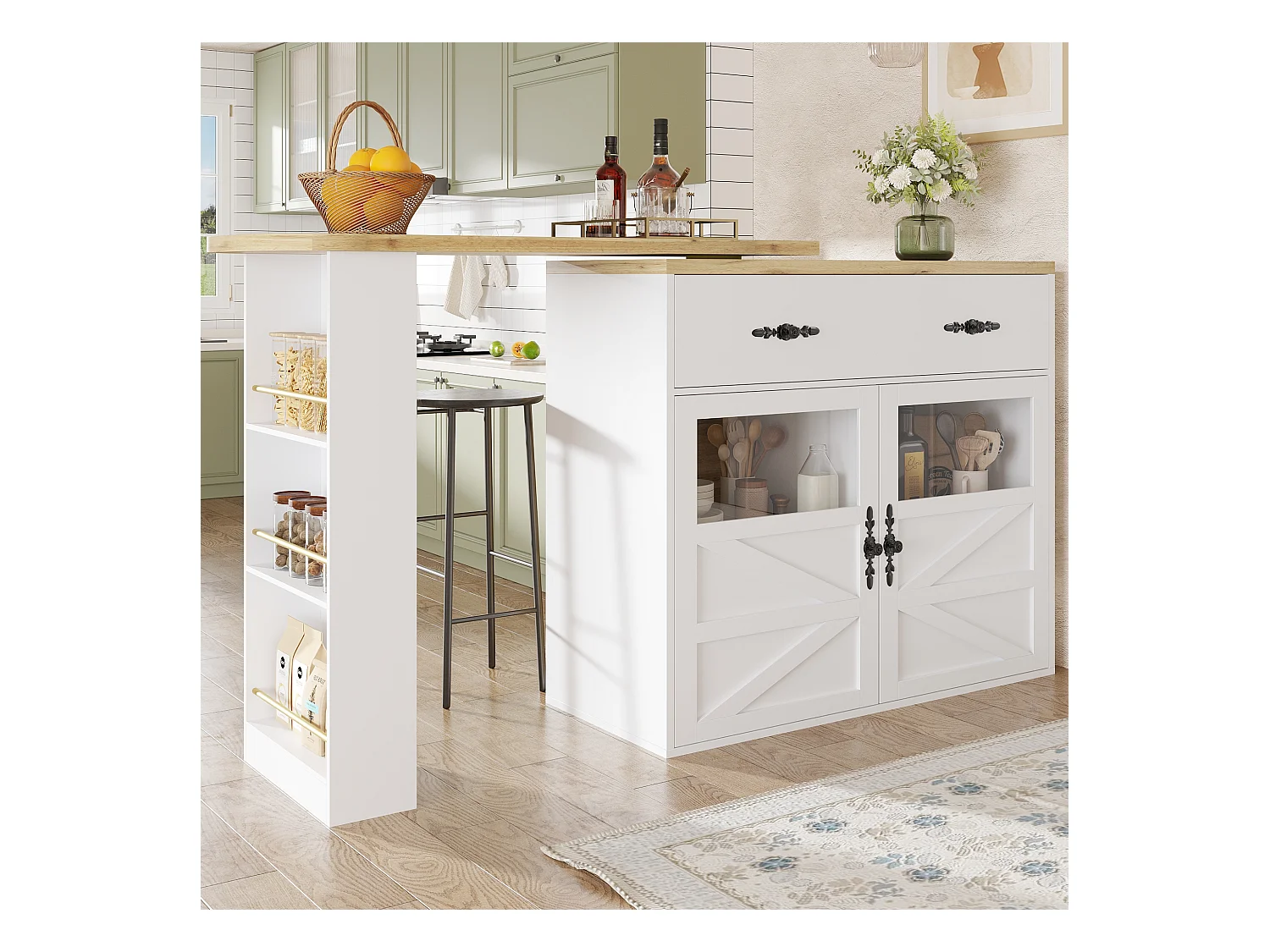 Meuble de bar extensible - 138-204 x 39 x 104 cm -  table à manger rotative à 360 °- avec 2 portes + 1 tiroir - MDF - blanc