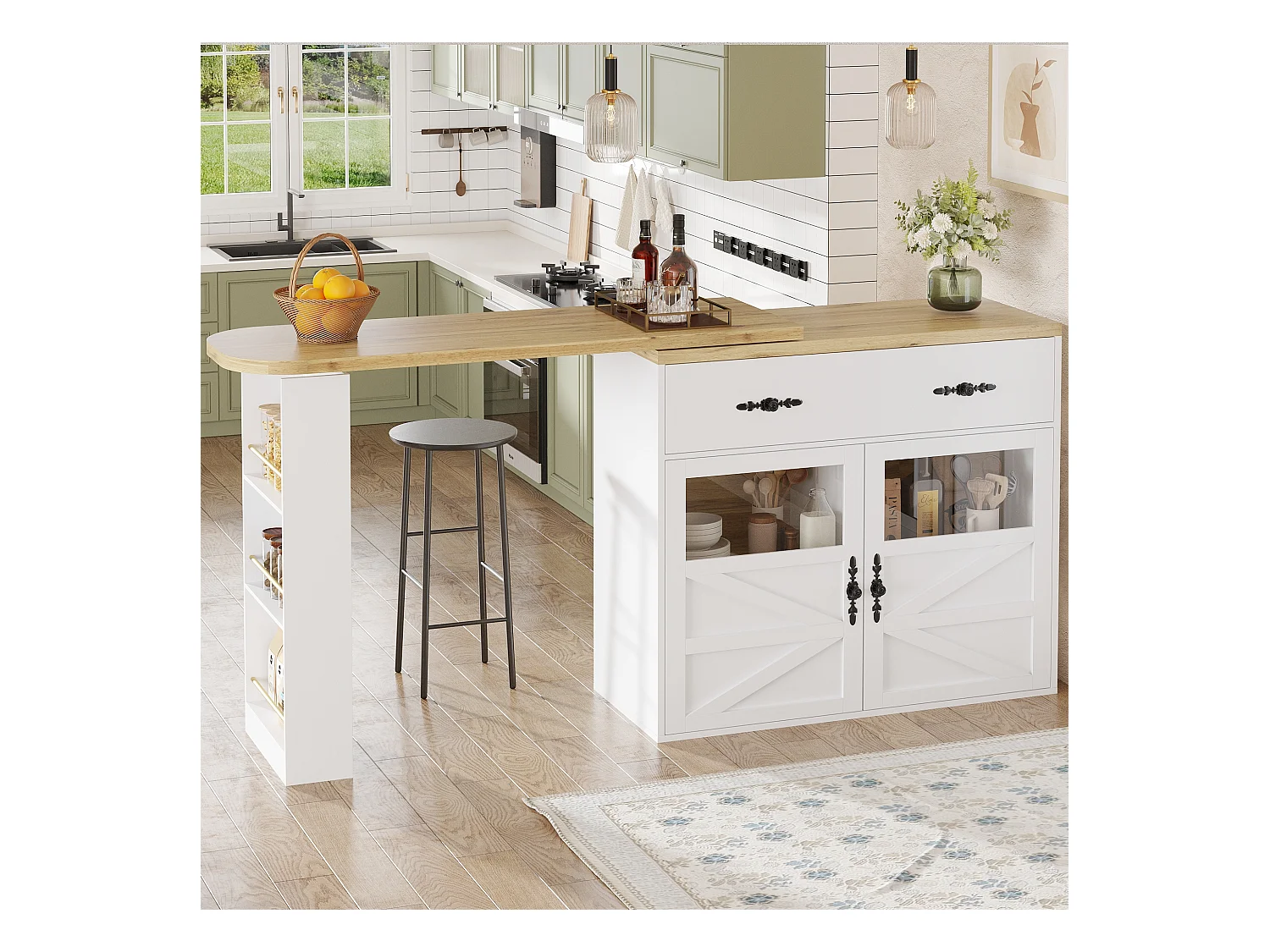 Meuble de bar extensible - 138-204 x 39 x 104 cm -  table à manger rotative à 360 °- avec 2 portes + 1 tiroir - MDF - blanc