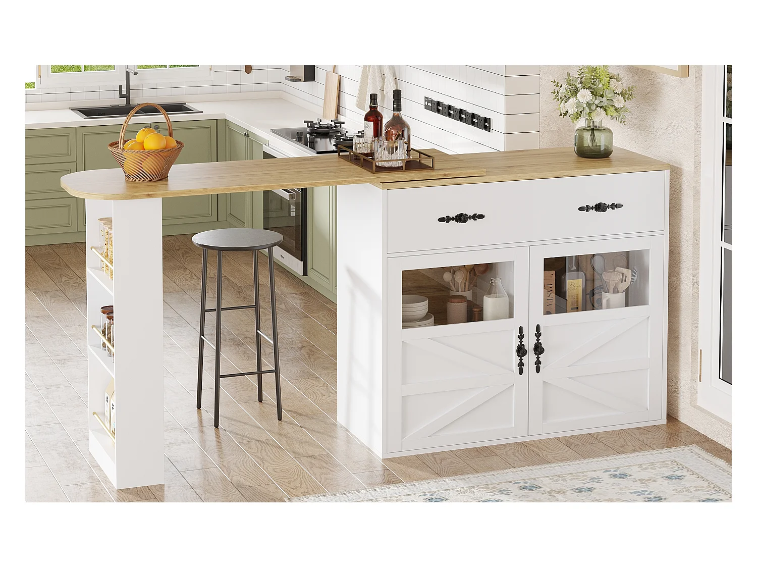 Meuble de bar extensible - 138-204 x 39 x 104 cm -  table à manger rotative à 360 °- avec 2 portes + 1 tiroir - MDF - blanc