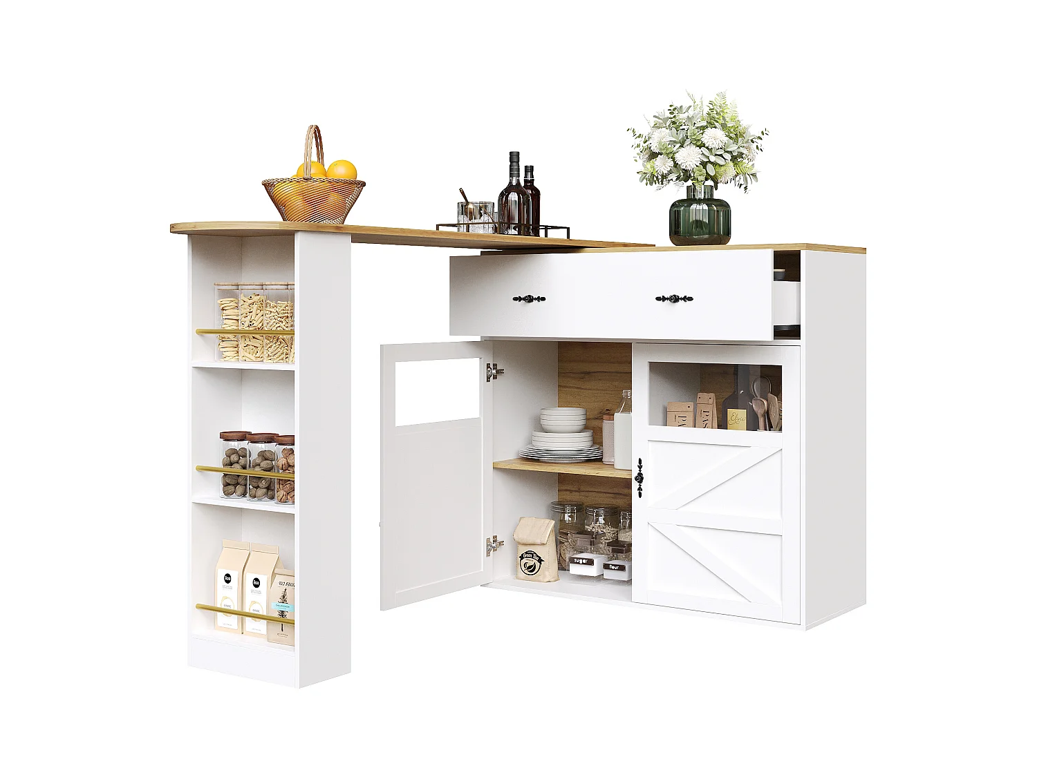 Meuble de bar extensible - 138-204 x 39 x 104 cm -  table à manger rotative à 360 °- avec 2 portes + 1 tiroir - MDF - blanc