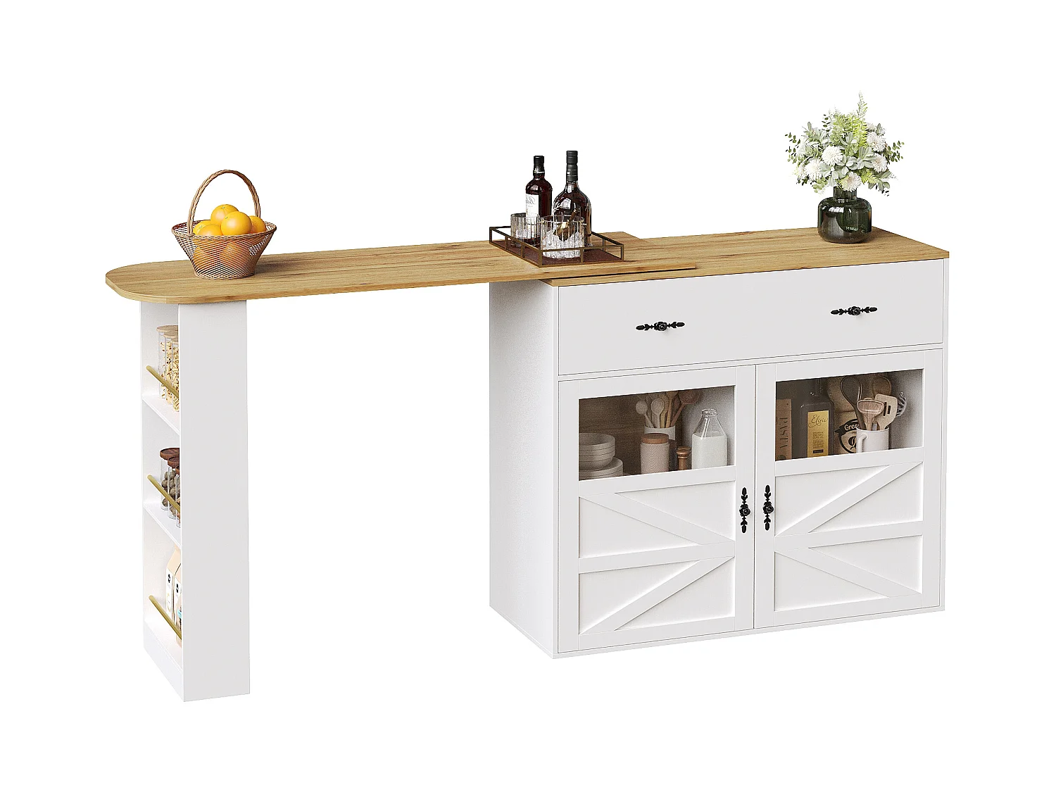 Meuble de bar extensible - 138-204 x 39 x 104 cm -  table à manger rotative à 360 °- avec 2 portes + 1 tiroir - MDF - blanc