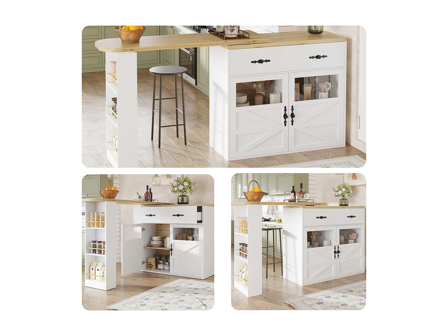 Meuble de bar extensible - 138-204 x 39 x 104 cm -  table à manger rotative à 360 °- avec 2 portes + 1 tiroir - MDF - blanc