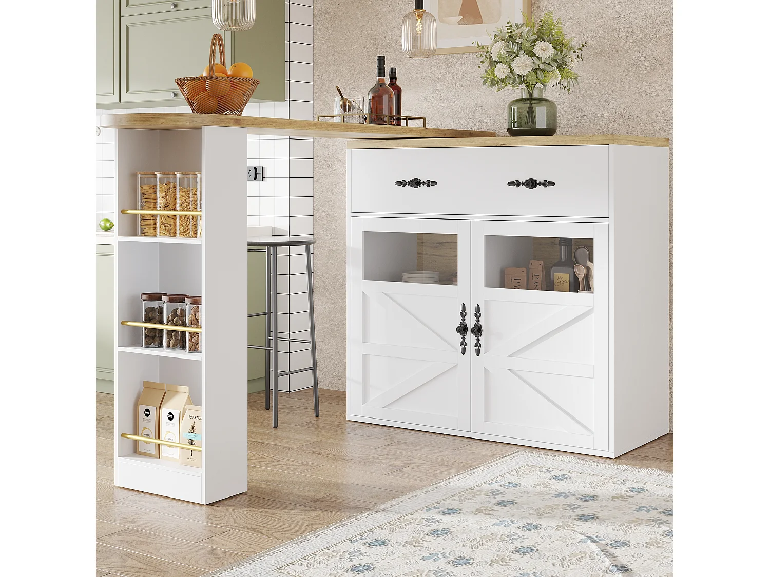 Meuble de bar extensible - 138-204 x 39 x 104 cm -  table à manger rotative à 360 °- avec 2 portes + 1 tiroir - MDF - blanc