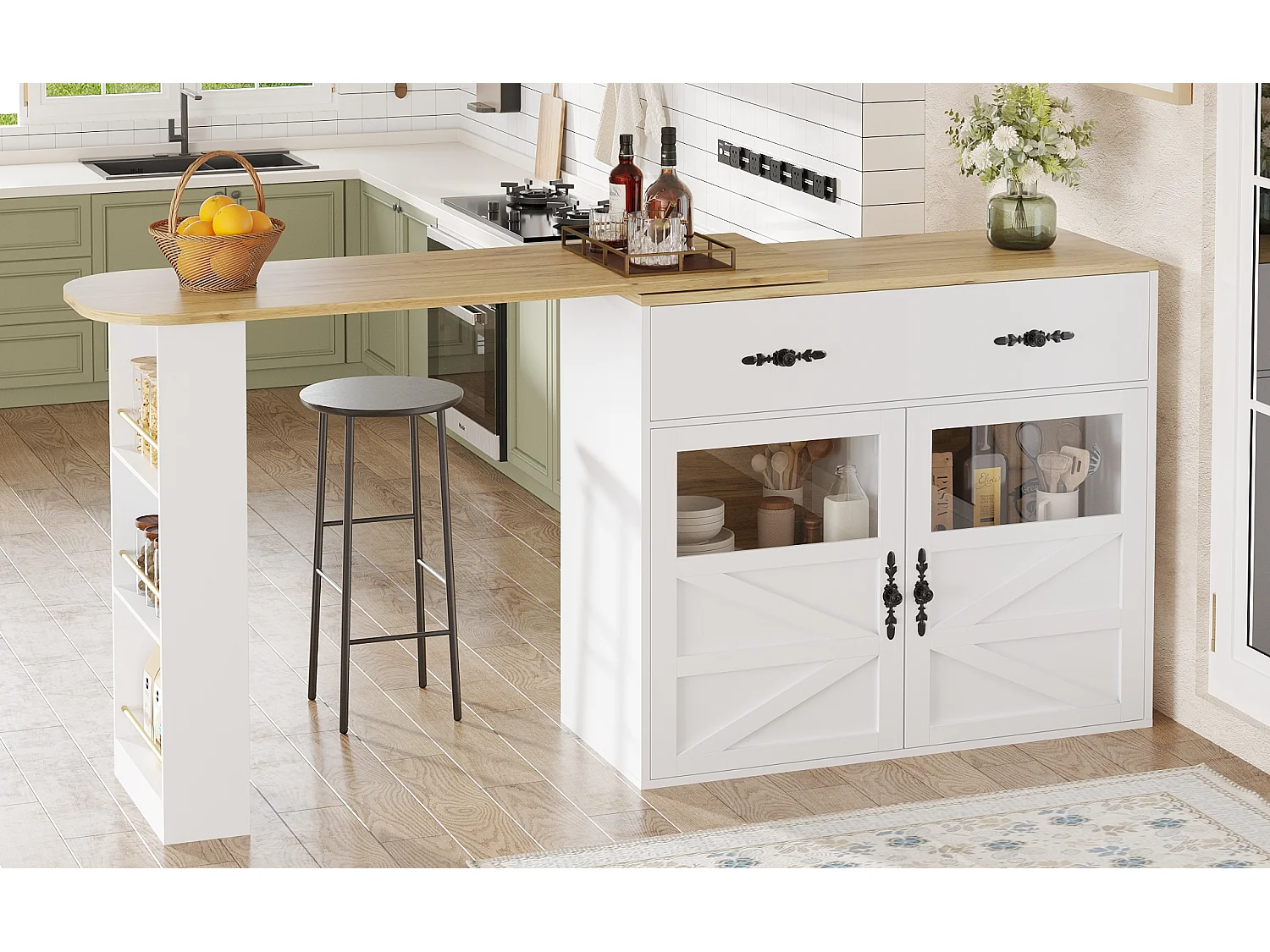 Meuble de bar extensible - 138-204 x 39 x 104 cm -  table à manger rotative à 360 °- avec 2 portes + 1 tiroir - MDF - blanc